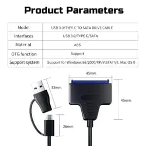 USB 3.0 to SATA Cable – Type-C/A High-Speed 6Gbps Data Transfer Adapter for 2.5 Inch HDD & SSD Hard Drives, 22-Pin Connector with DC 3.5 Power Support
